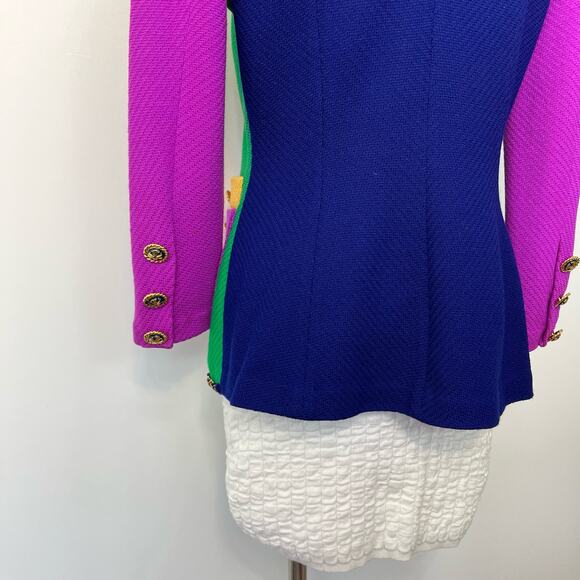 St. John Knit Blazer Double Breasted Color-Block Chain Accent Gold Buttons | 8 - Picture 10 of 15